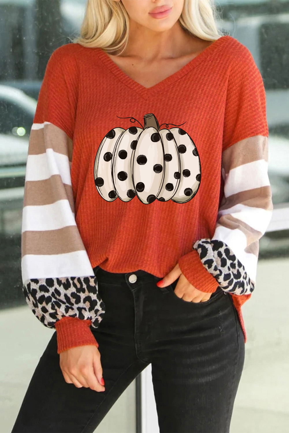 Polka Dot Pumpkin Print Contrast Puff Sleeve Top