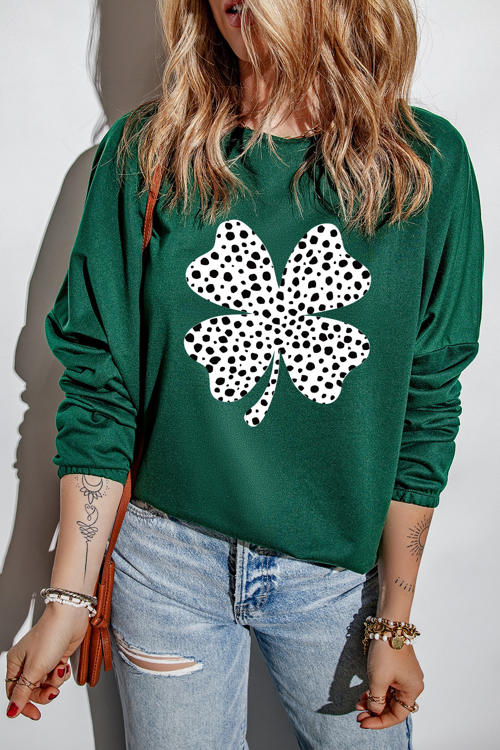 Green Leopard Clover Print Drop Sleeve Crewneck Top