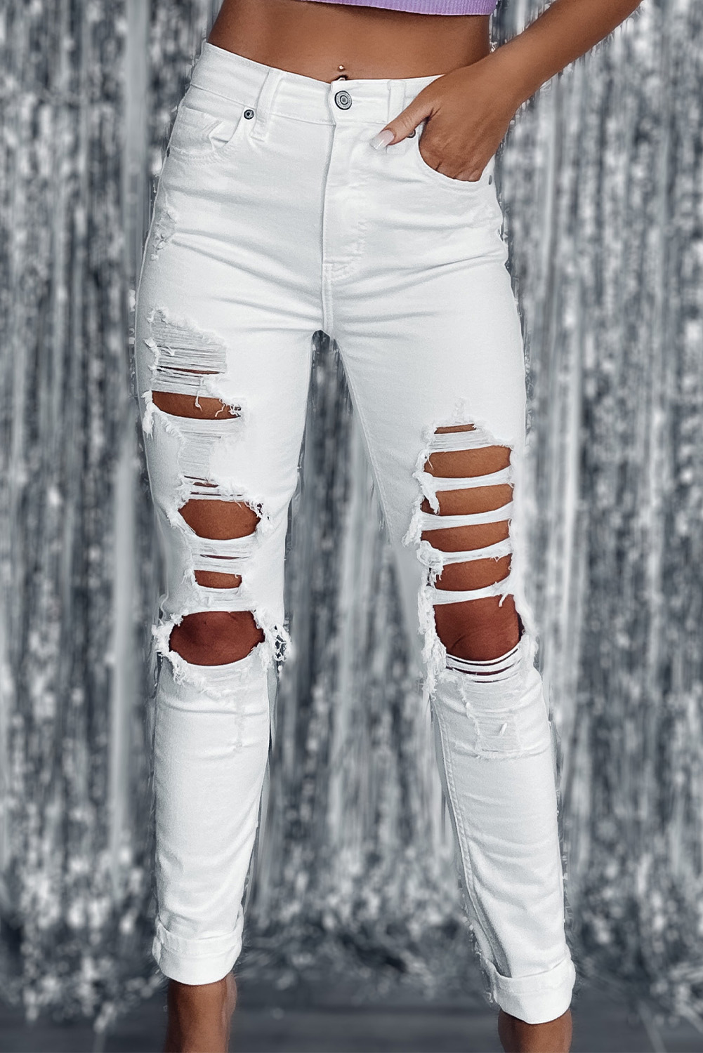Bright White Heavy Distressed Straight Leg Jeans