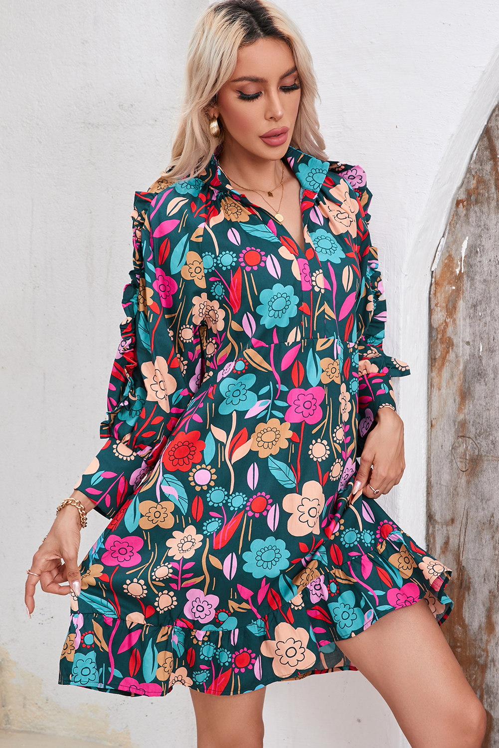 Green Floral Print Puff Sleeve Ruffled Mini Dress